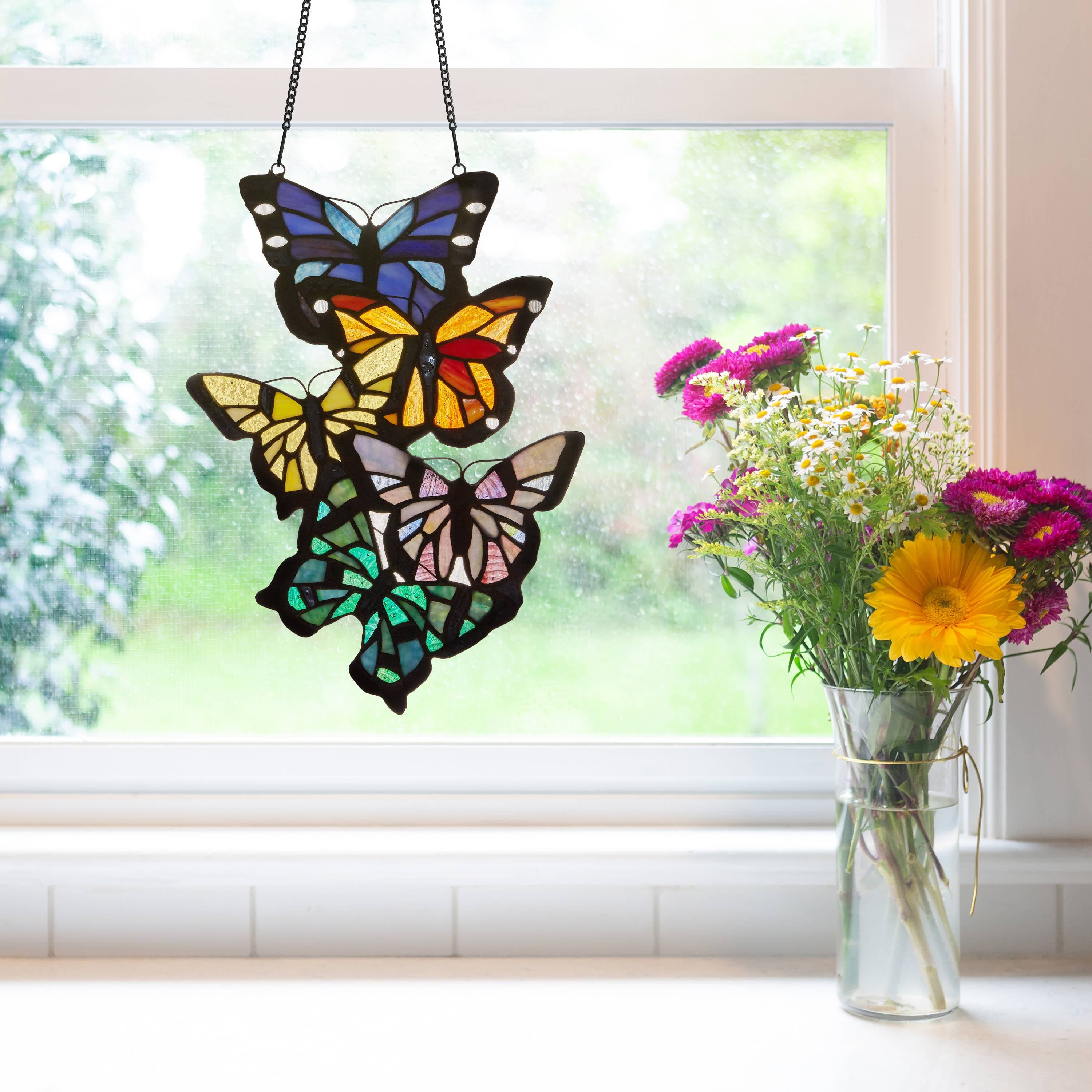 Brilliant Butterflies Cluster Stained Glass Window Panel- 13.25H、mySite、g9winljtr