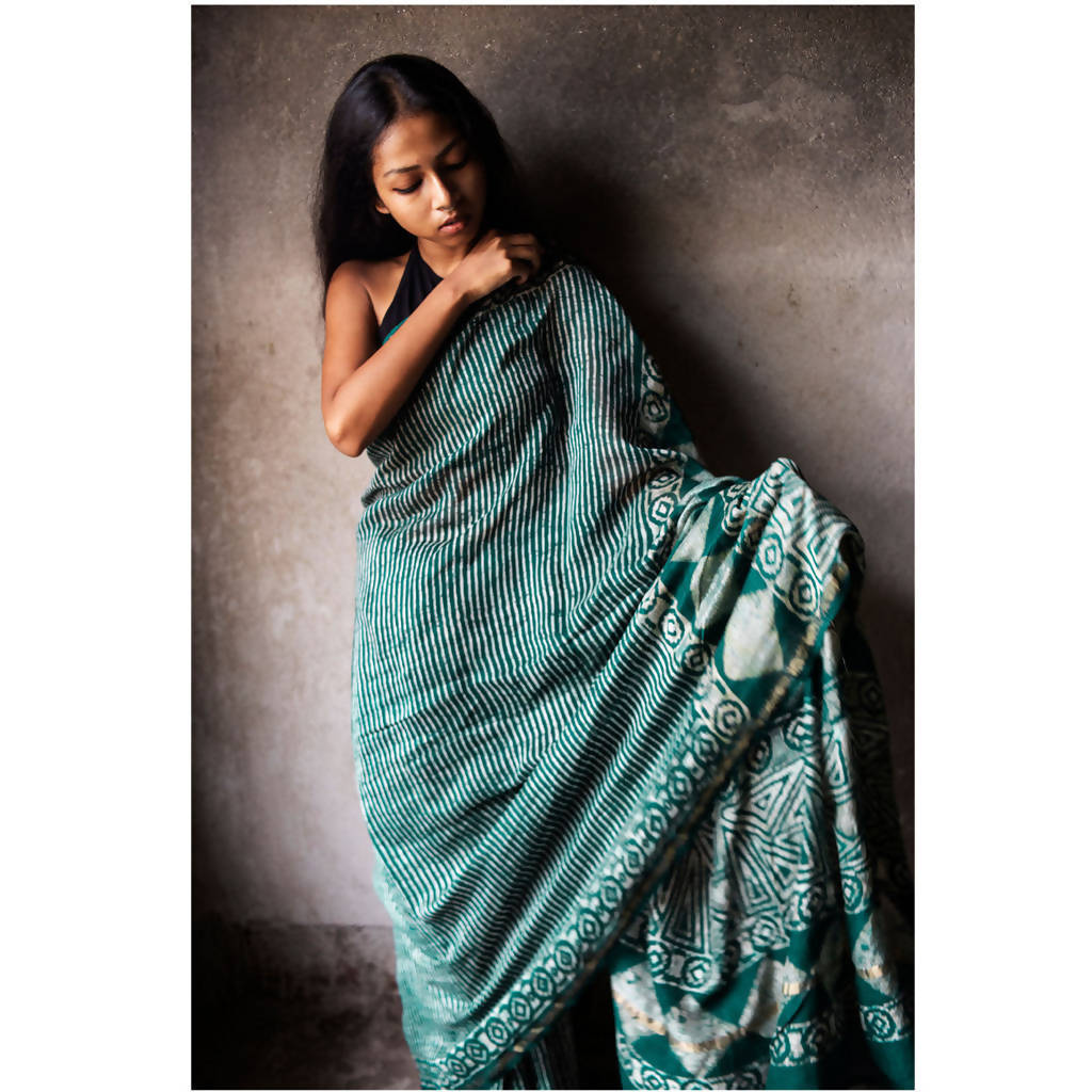 Natural Dyed Dabu Printed Chanderi Saree | Green、mySite、camillekostekn