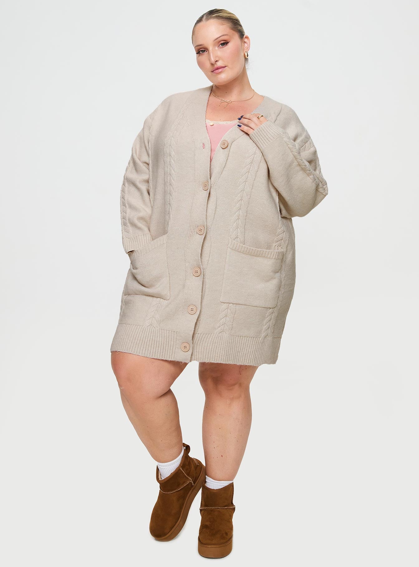 Cardi Long Sleeve Mini Dress Cream Curve、mySite、solidvoid
