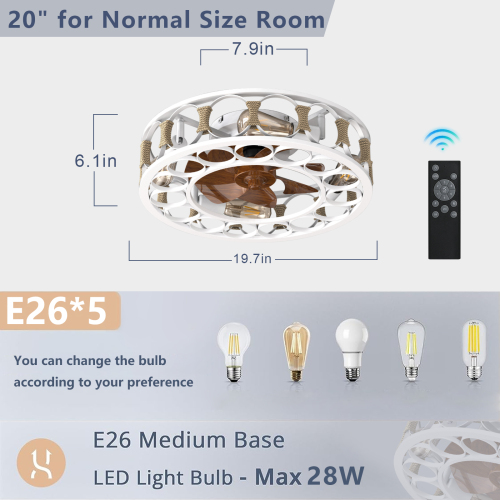 Caged Ceiling Fan with Lights Remote Control, Low Profile Flush Mount Farmhouse Modern Ceiling fans, 6 Speeds Reversible Blades, 5 LED Bulbs Include(Black)、、eastwooduniform