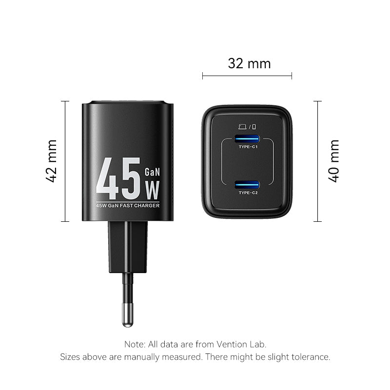 Vention 2-Port USB (C + C) GaN Charger (45W/45W) EU-Plug Black、mySite、fannypackpong