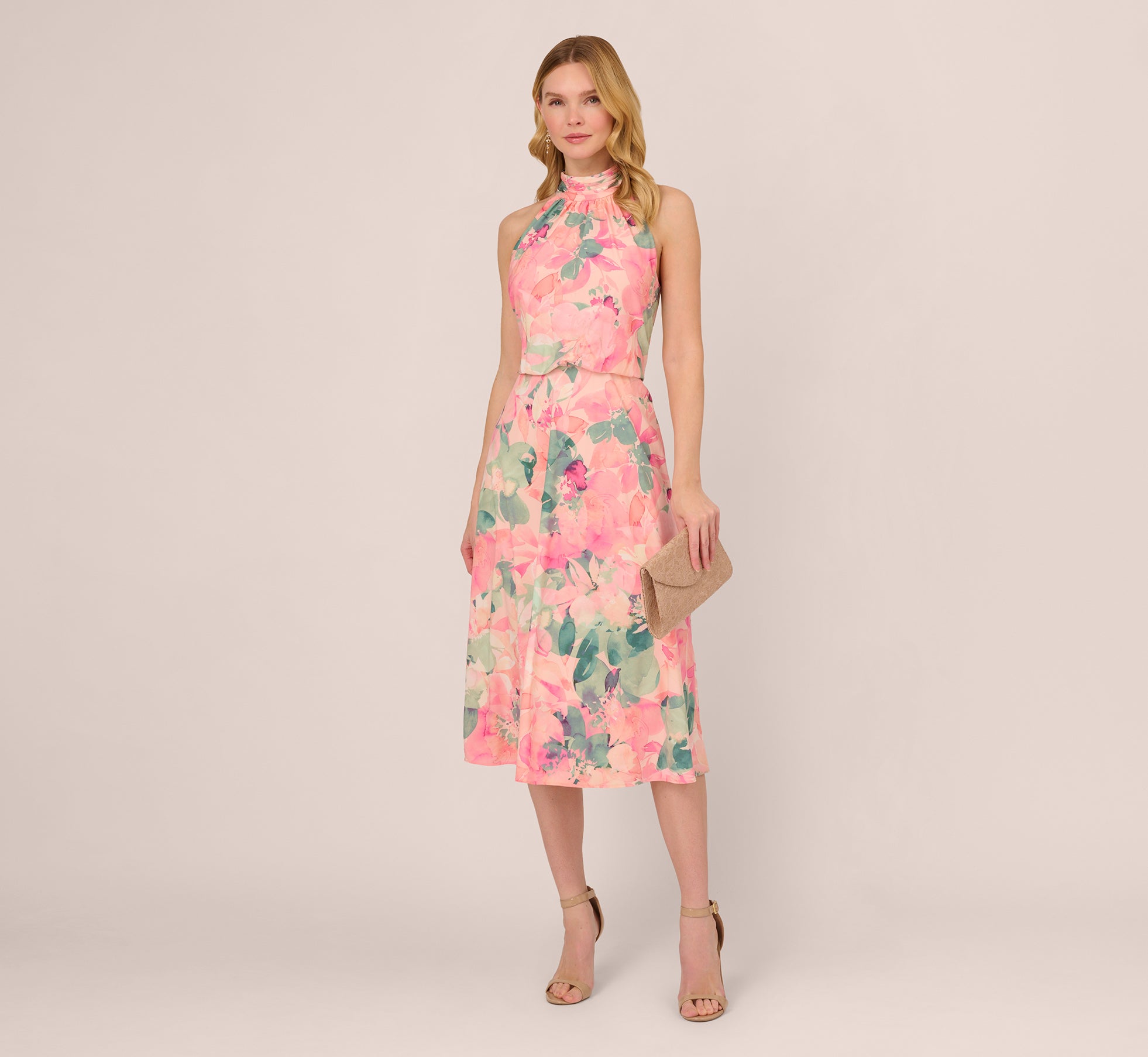 Floral Print Chiffon Halter Dress With Mock Neck In Blush Multi、mySite、solidvoid