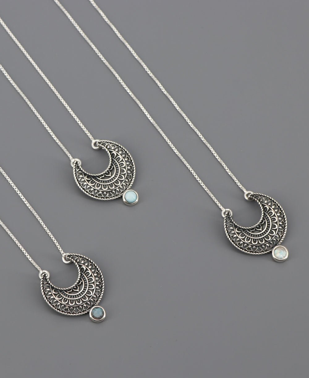 Sterling Silver Moon Phase Mandala Art Gemstone Inspirational Necklace、mySite、topwebapps