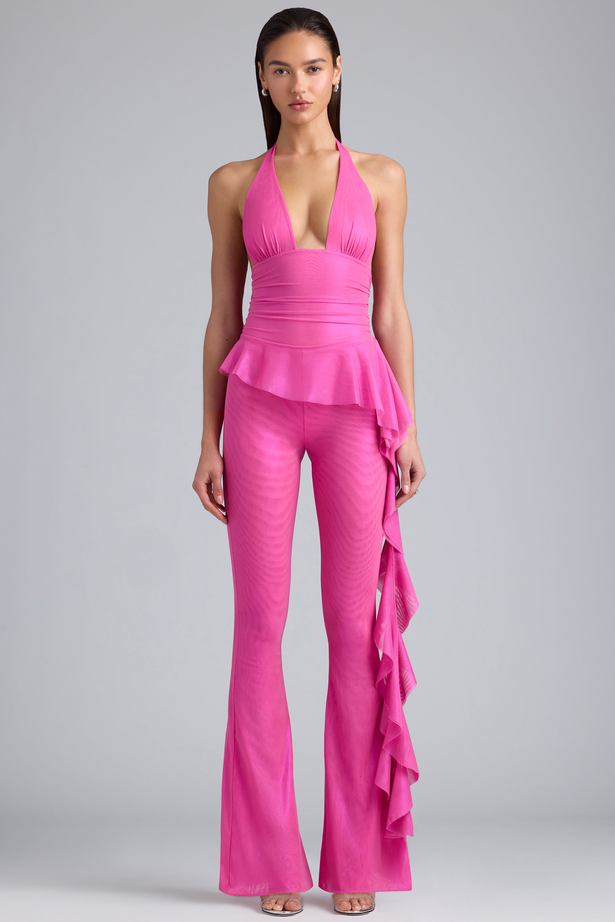 Metallic Ruffle Low-Rise Flared Trousers in Bubblegum Pink、mySite、solidvoid