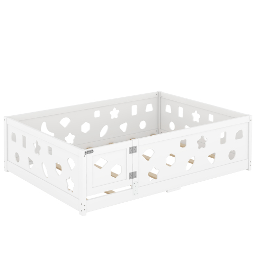 Twin Size Floor Bed with Heightened Safety Guardrails and Door, Solid Wood Bedframe with Rails for Girls, Boys, Teens, Child Bedroom, Kids Playroom, No Slats Included, White、、casual