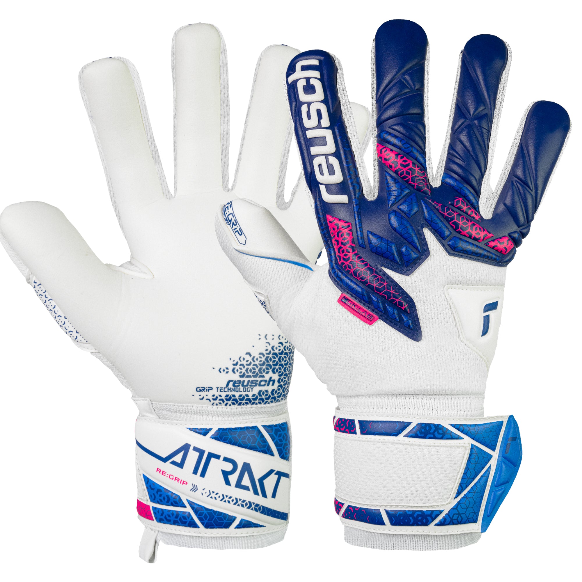 Reusch Men's Attrakt RE. Grip NC Fingersave Goalkeeper Gloves White/Blue/Pink、mySite、bottomscart