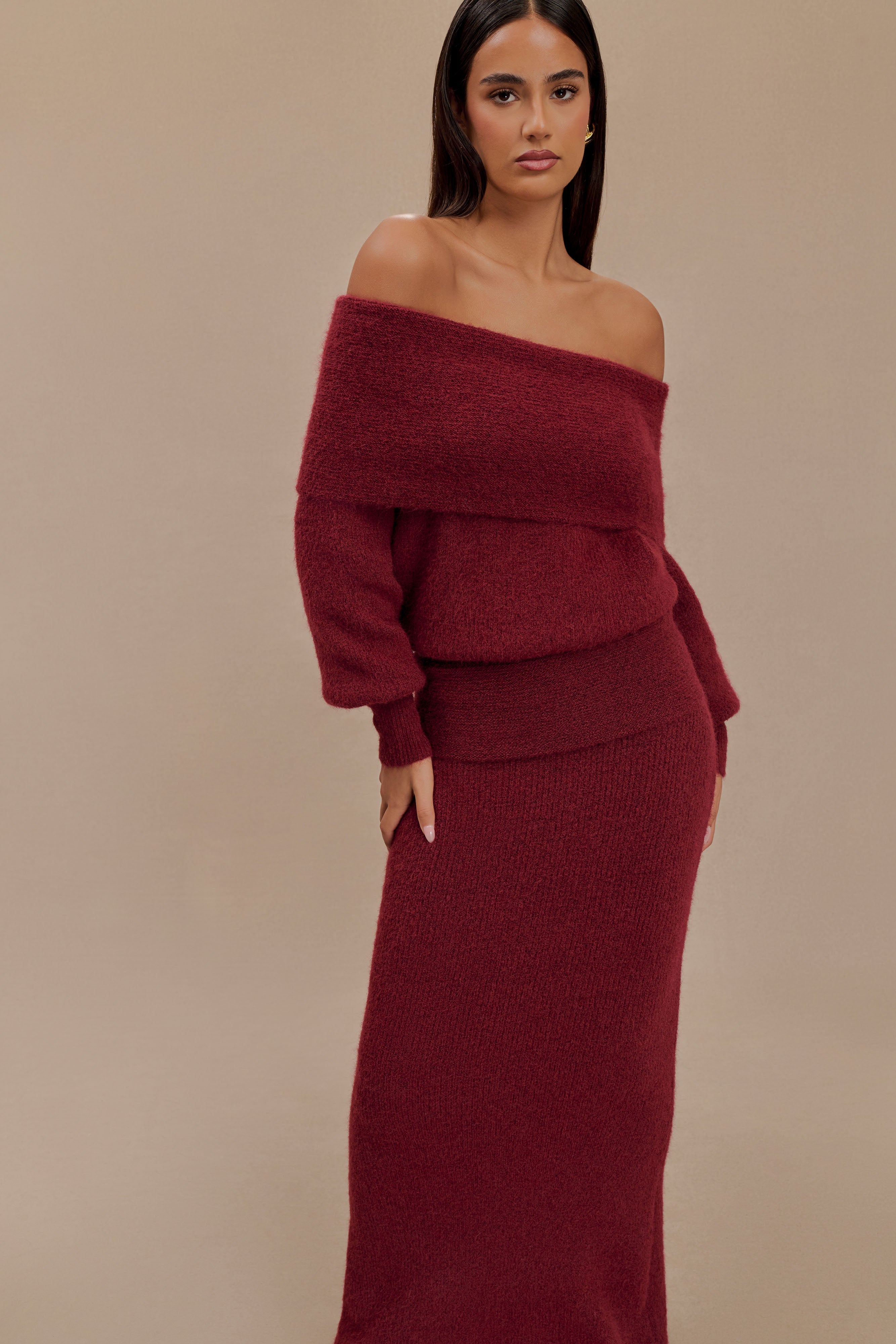 Charlotte Off Shoulder Knit Long Sleeve Top - Merlot、mySite、solidvoid