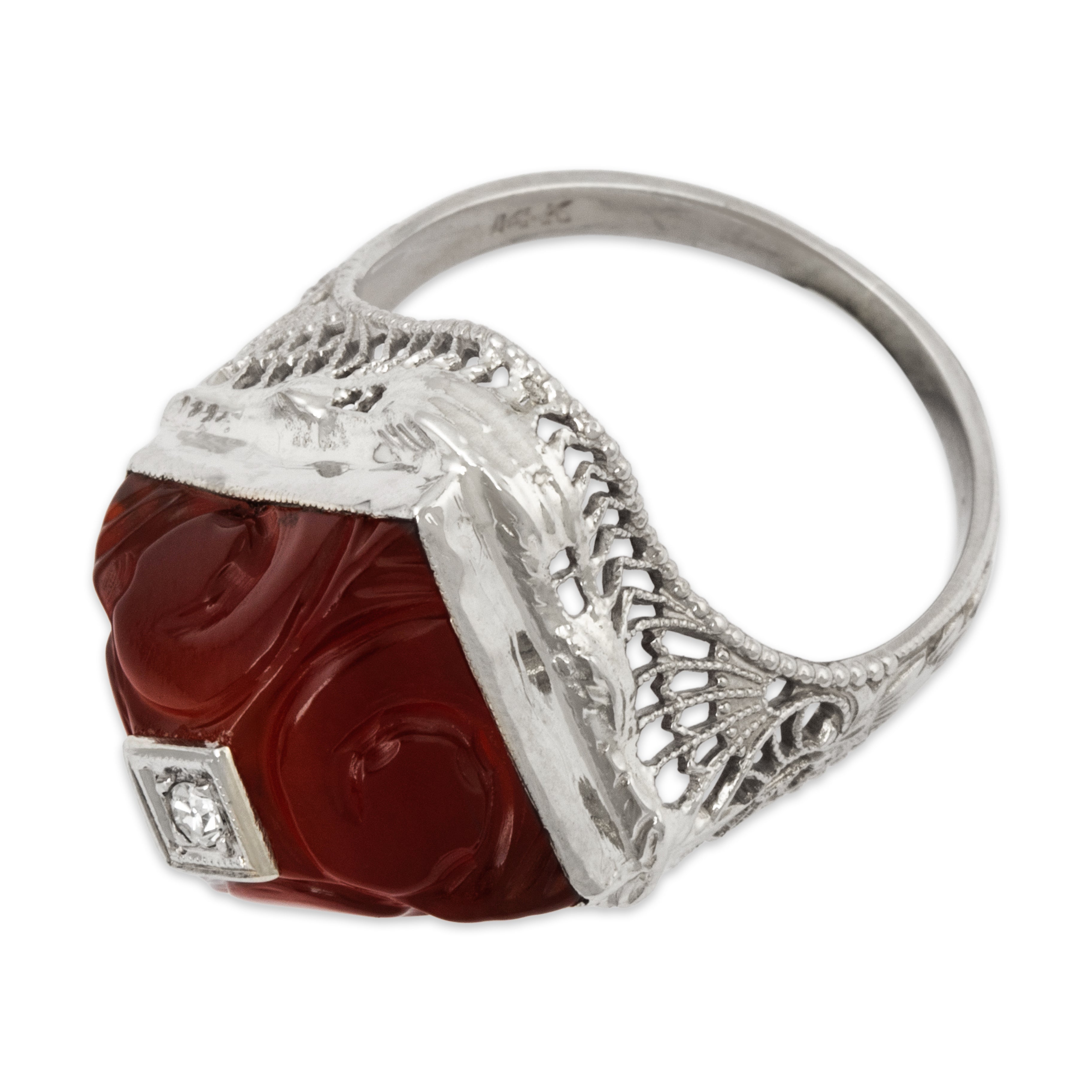 Antique Art Deco 14k White Gold Carnelian Diamond Dramatic Openwork Ring 5.25、mySite、hinf8tx79