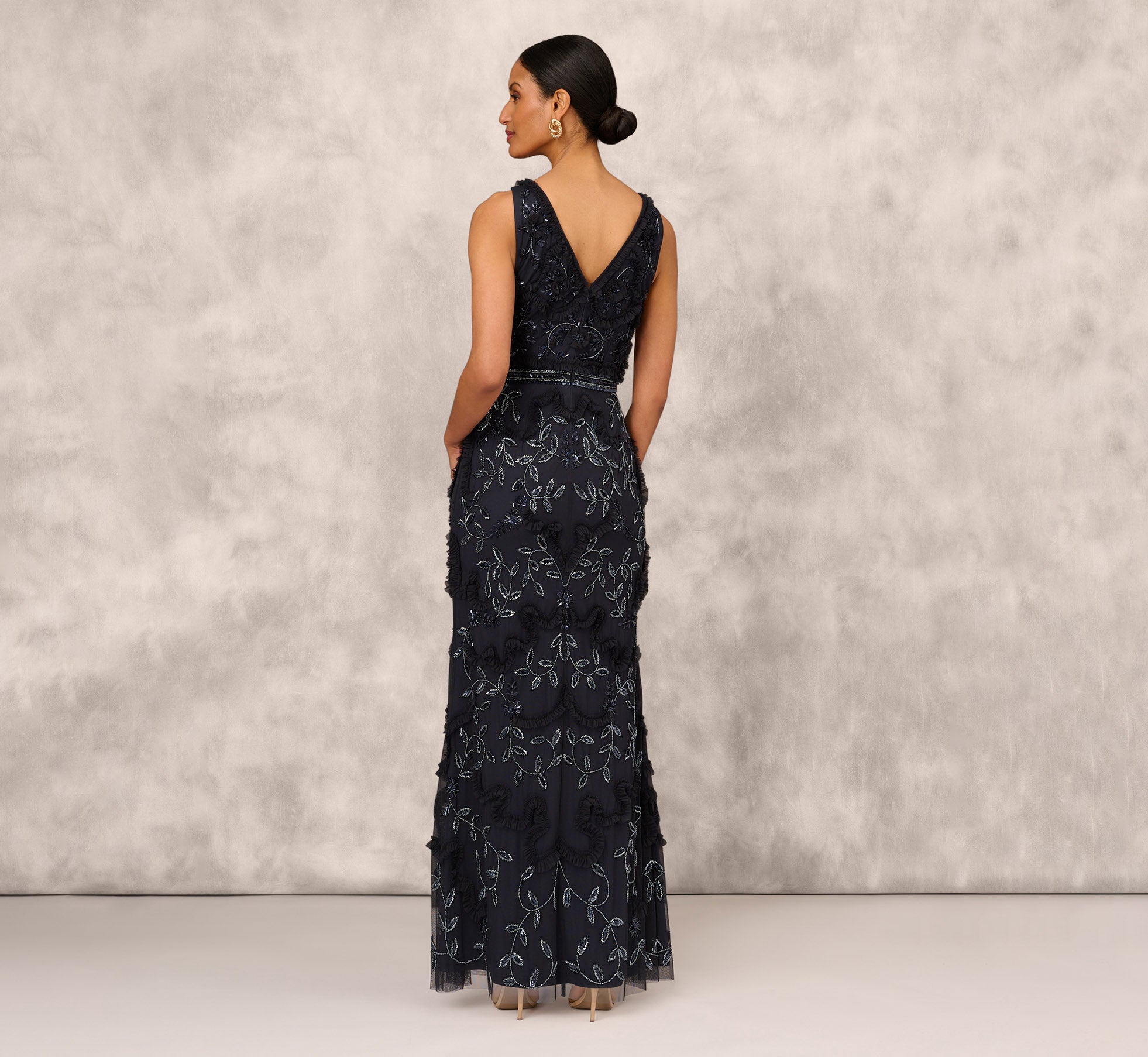 Beaded Ruffle Sleeveless Gown With V-Neck And Back In Twilight、mySite、solidvoid