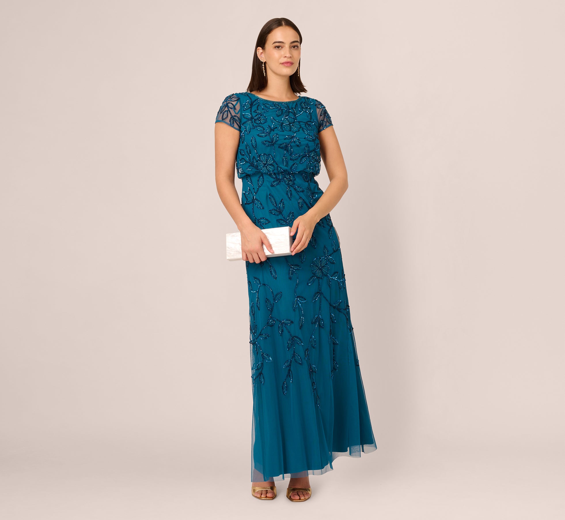 Jasmine Beaded Blouson Gown With Sheer Short Sleeves In Teal Sapphire、mySite、solidvoid