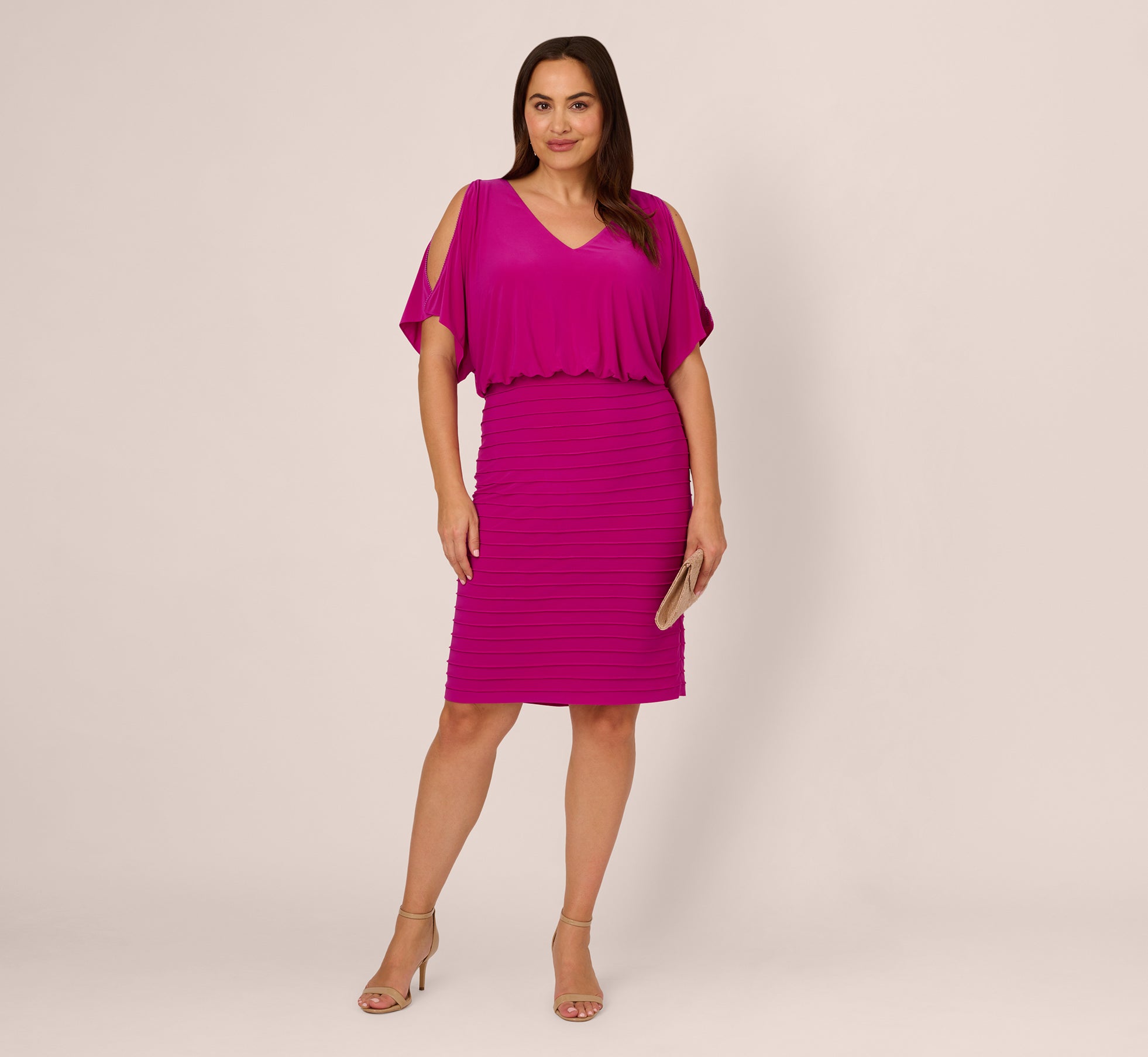 Plus Size Blouson Pintucked Dress With Cold Shoulder Sleeves In Hot Magenta、mySite、solidvoid