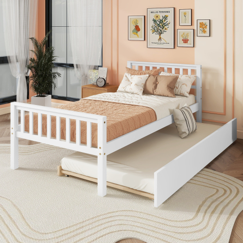 Twin Bed with Trundle, Platform Bed Frame with Headboard and Footboard, for Bedroom Small Living Space,No Box Spring Needed,White(New SKU:W504P148532)、、casual