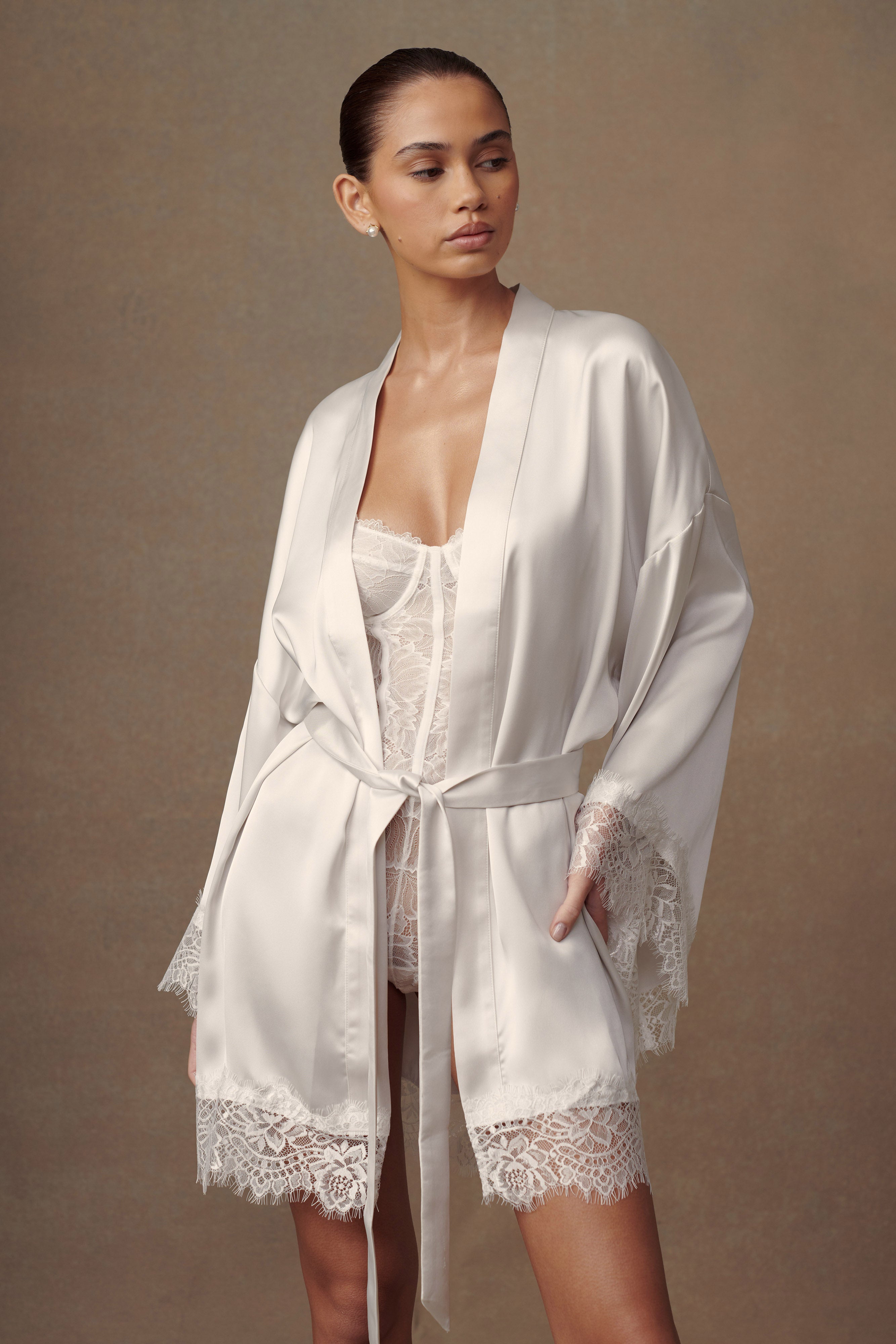 Annabeth Lace Trim Bridal Robe - White、mySite、solidvoid