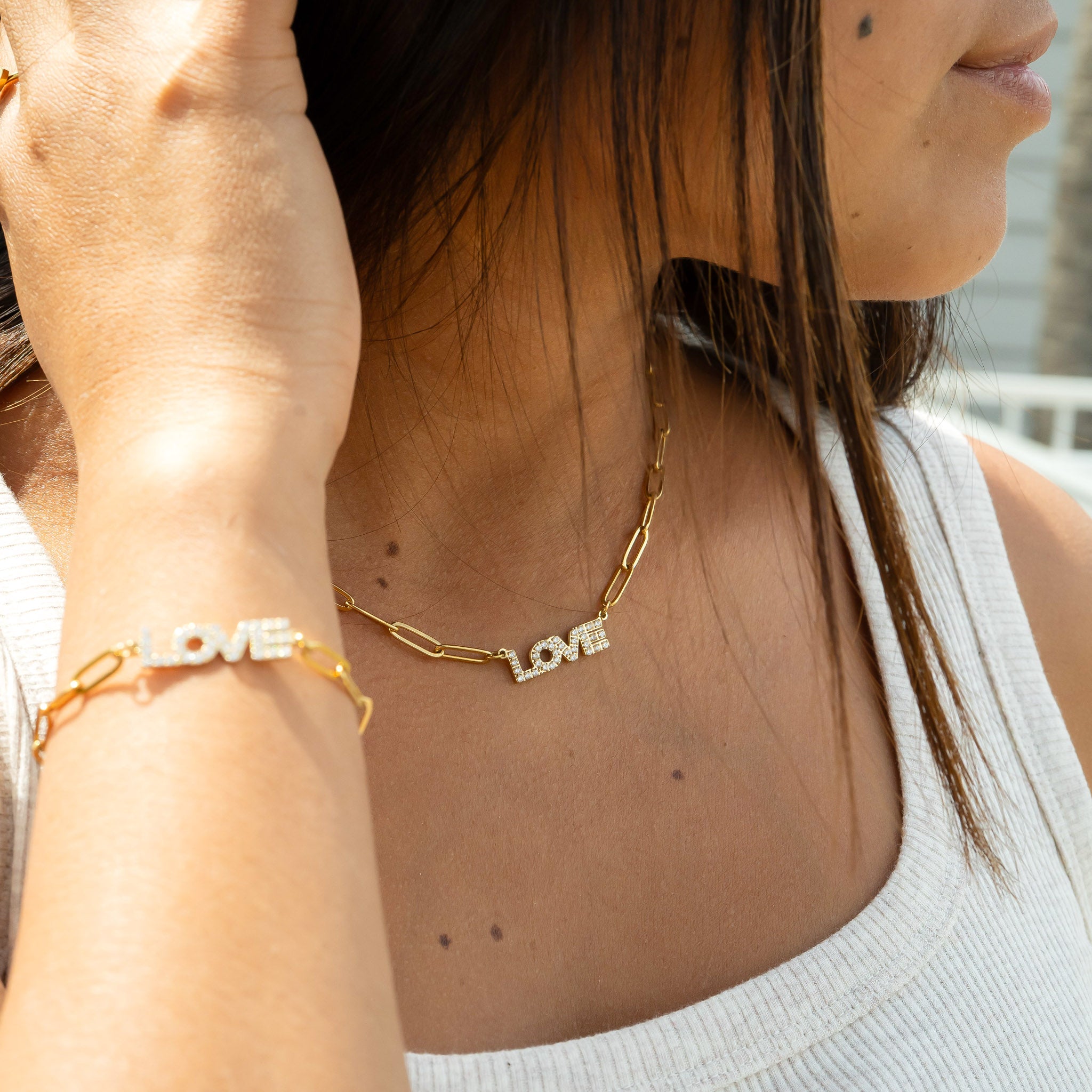 18K Gold PVD Stainless Steel Stone Love Paperclip Chain Set / BND0065、mySite、dreamappss