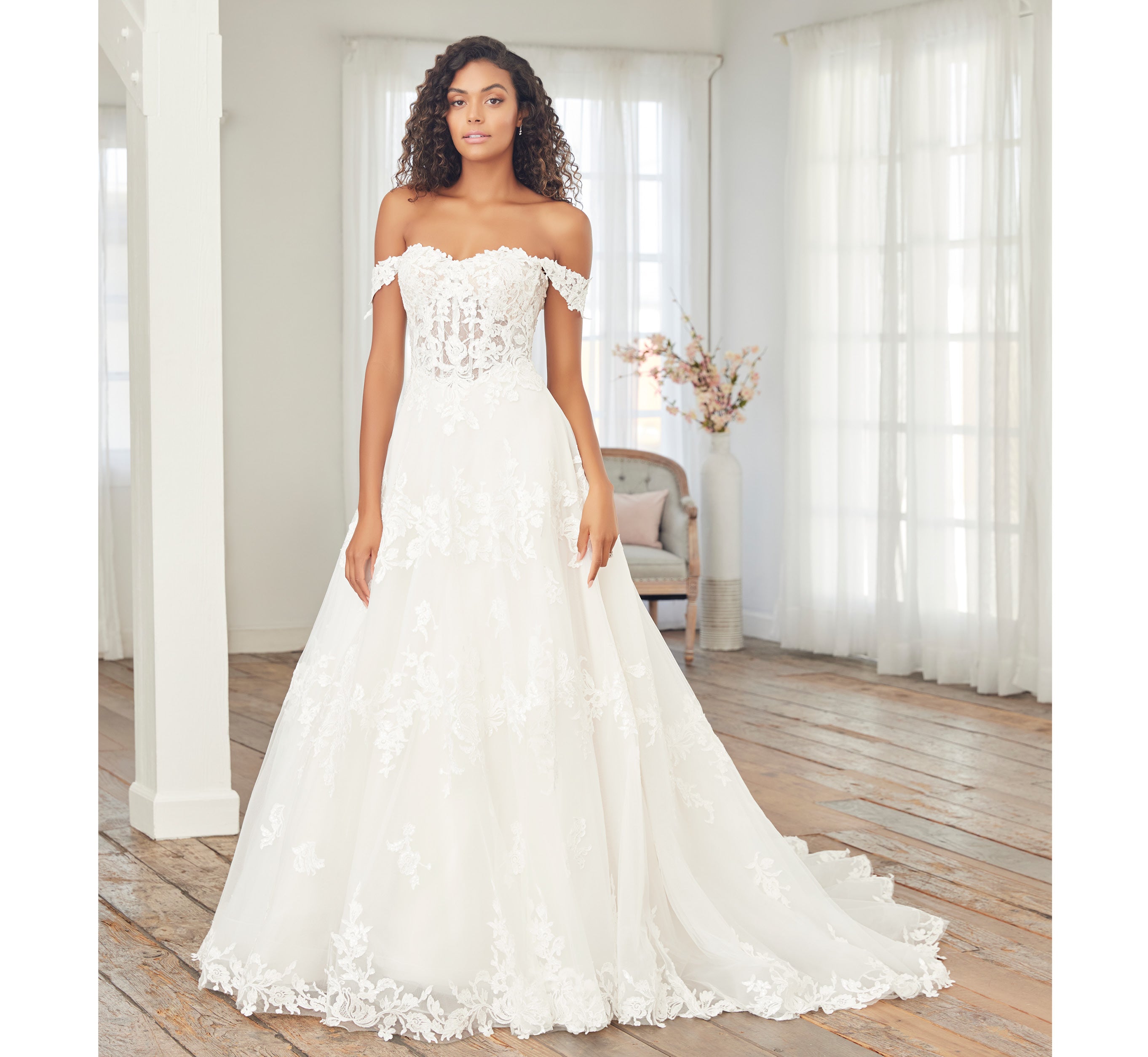 Lace Off-The-Shoulder A-Line Gown With Detachable Sleeves In Ivory Ivory Nude、mySite、solidvoid