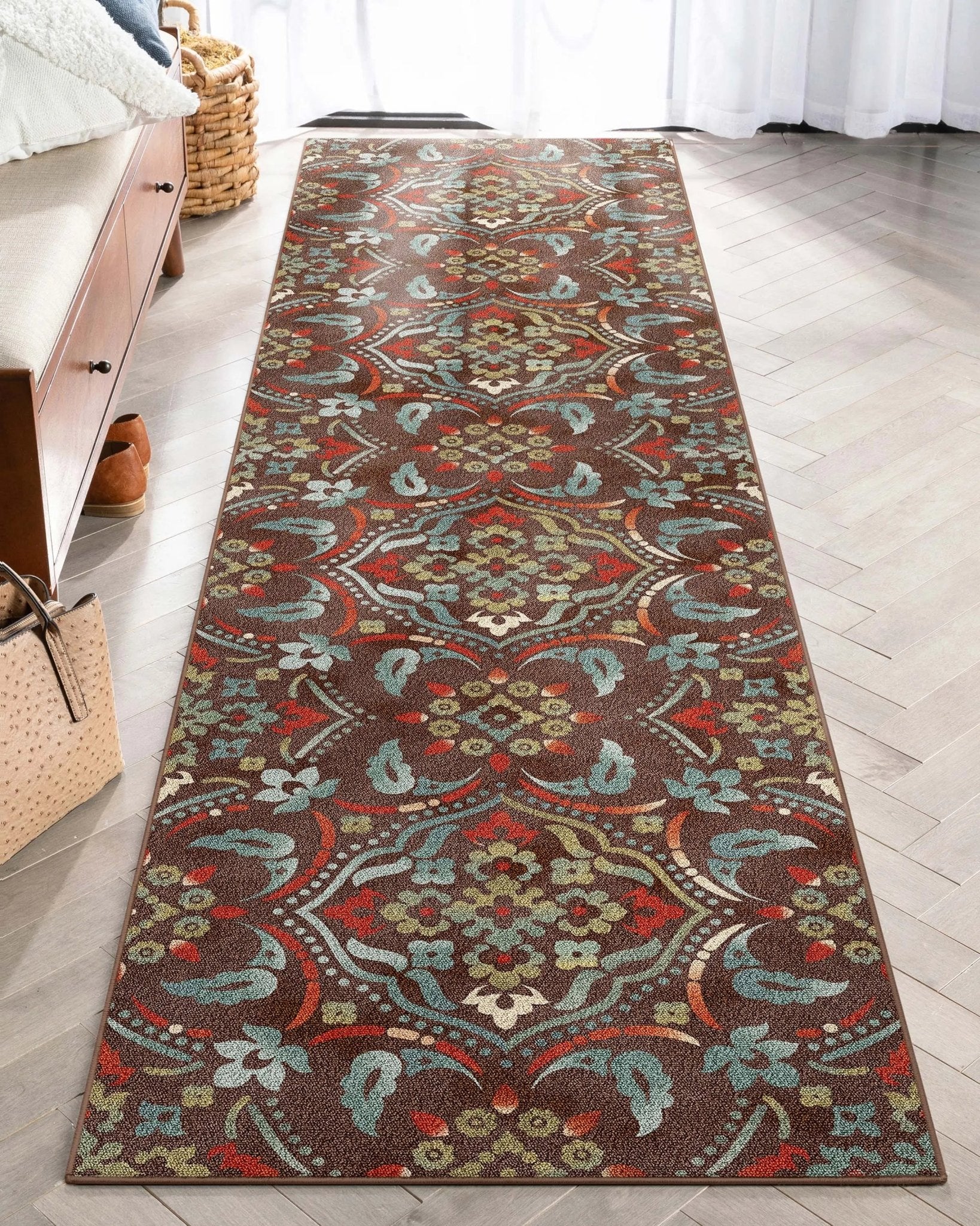 Florence Brown/Grey Floral Flat-Weave Cotton Backing Rug、mySite、gigharbornorthrealestate