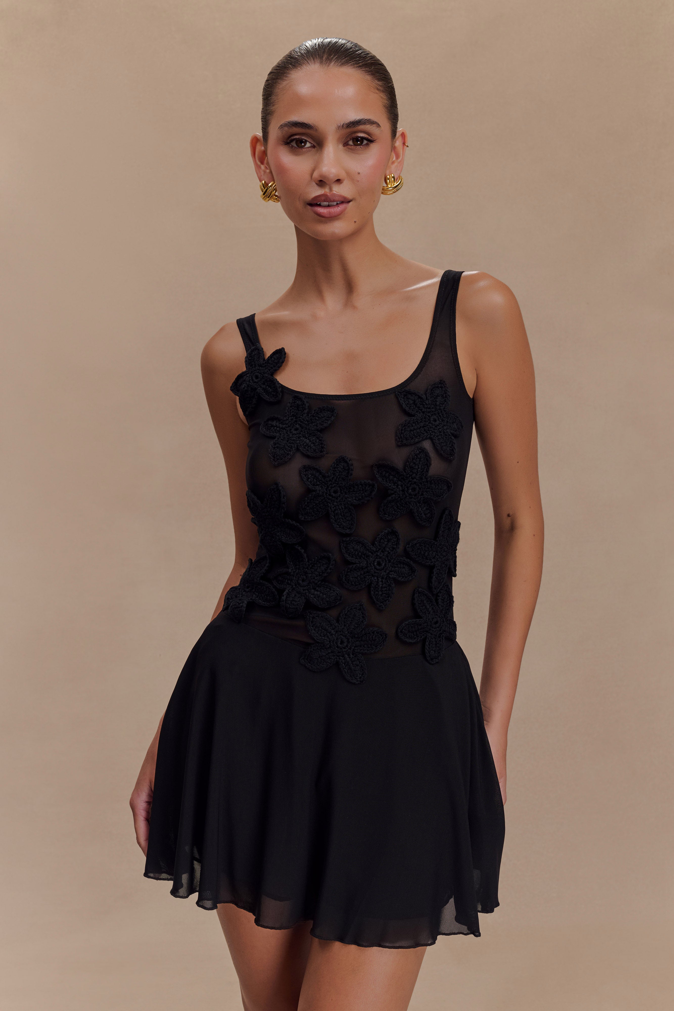 Melanie Mesh Mini Dress With Flowers - Black、mySite、solidvoid