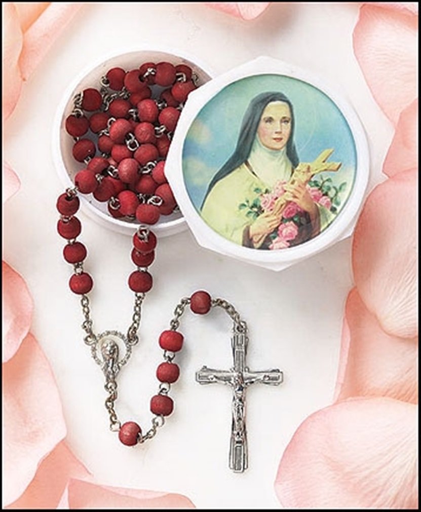  Religious Gifts Rose Scented Carved Wood Prayer Bead 19 Inch Rosary with Saint St Theresa Case、mySite、elrpsem3k