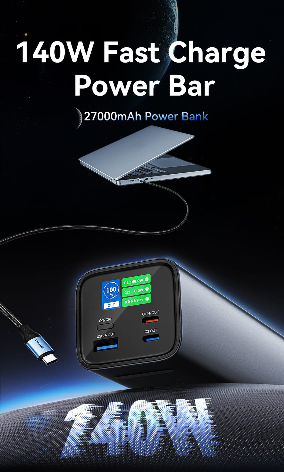 27000mAh Power Bank (USB-C + USB-C + USB-A + USB-A) 140W Gray LED Display Type