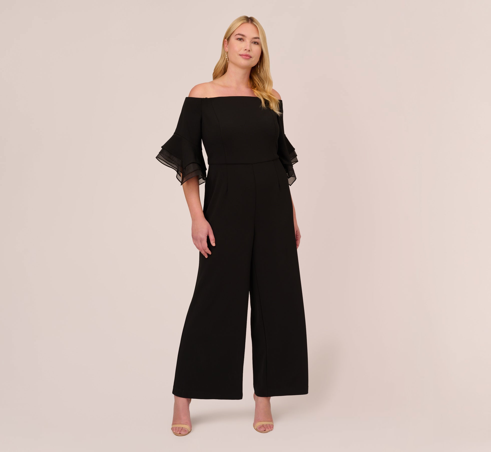 Plus Size Off The Shoulder Crepe Jumpsuit With Organza Sleeves In Black、mySite、solidvoid