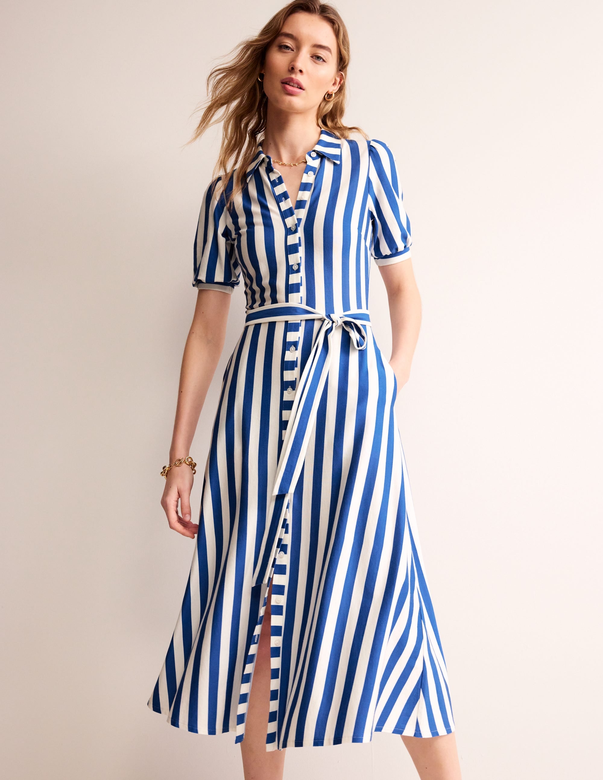  Libby Jersey Midi Shirt Dress-Blue, Ivory Stripe、mySite、ashleygrahame