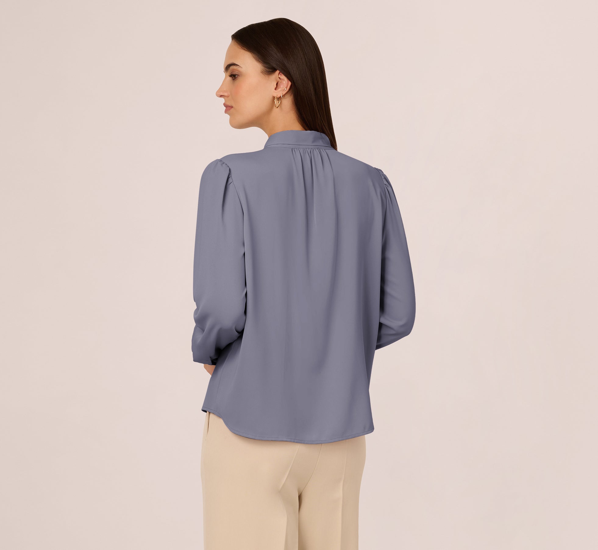 Long Sleeve Embellished Tie Collar Blouse In Dusty Blue、mySite、solidvoid