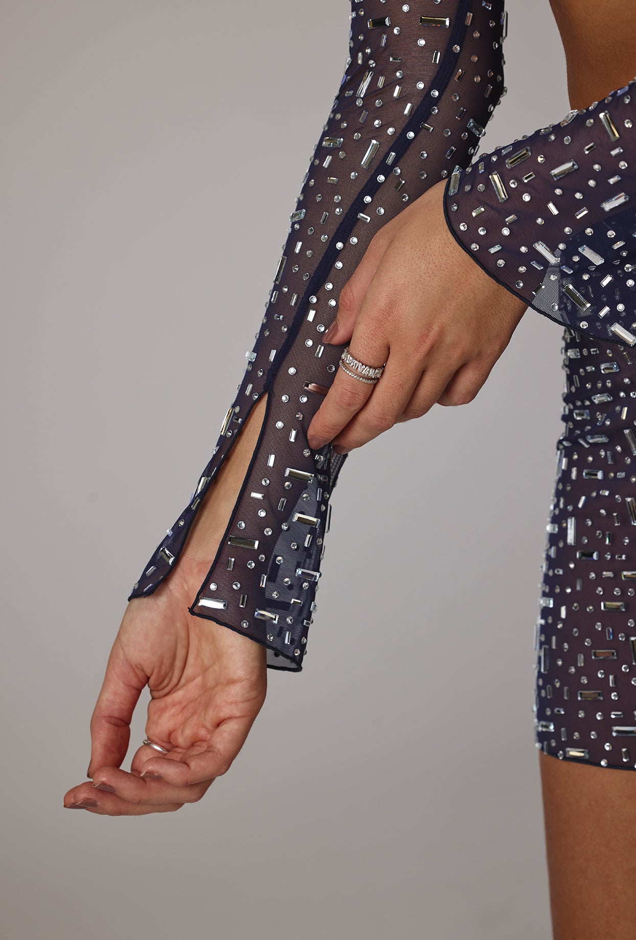 Sheer Embellished Long Sleeve Crop Top in Navy、mySite、solidvoid