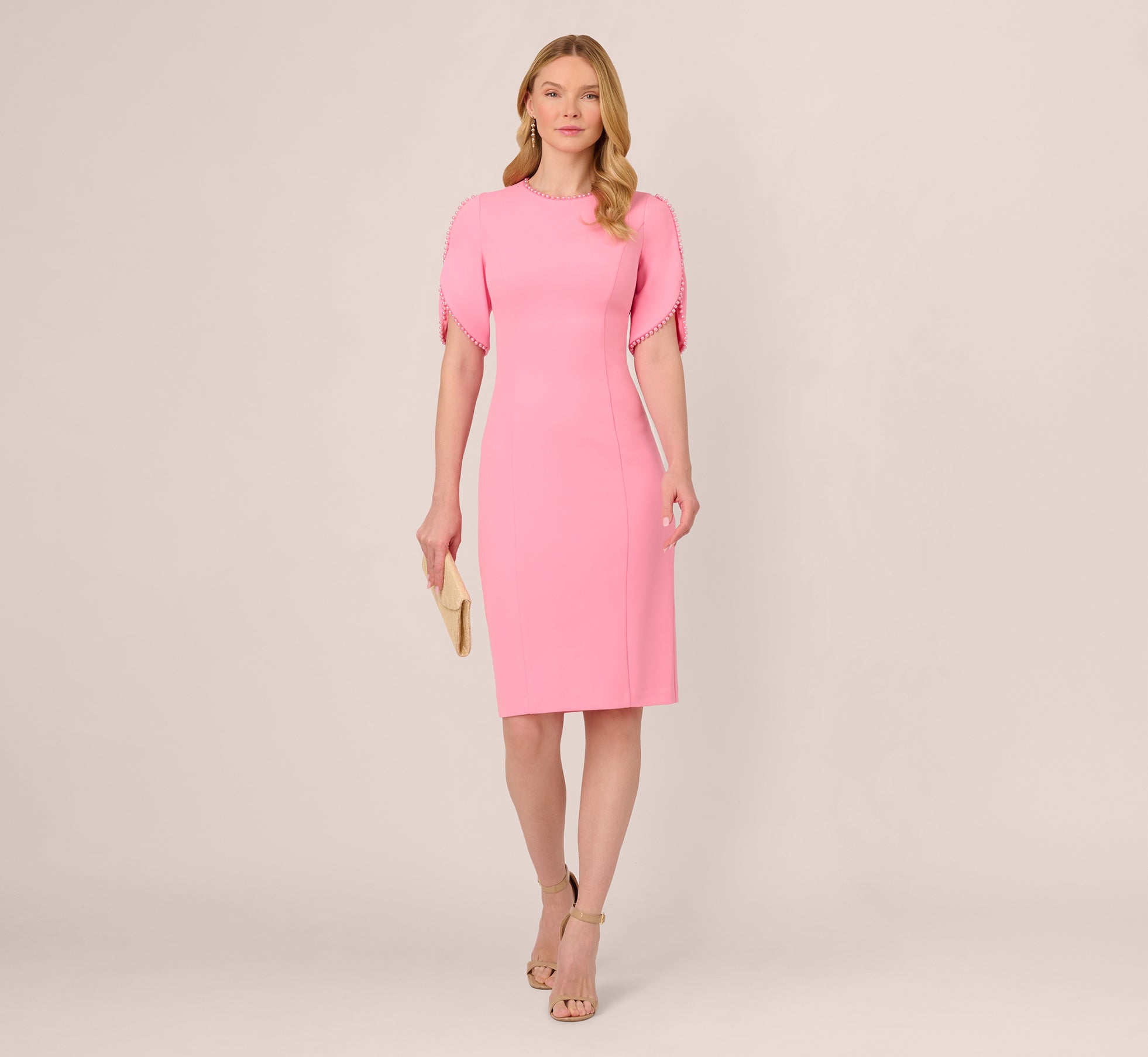 Crepe Midi Length Sheath Dress With Pearl Trimmed Sleeves In Cherry Blossom、mySite、solidvoid