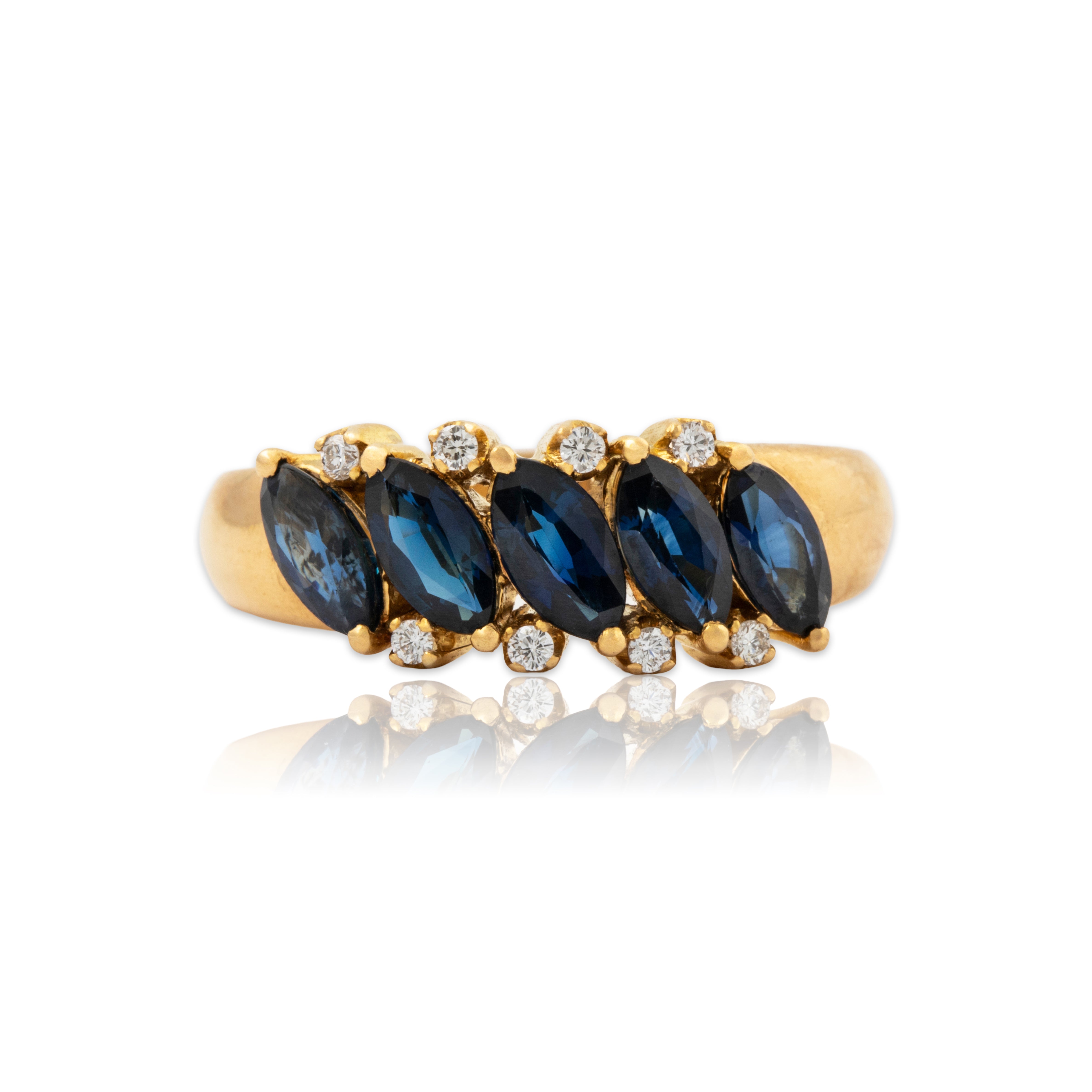 Vintage 18k Yellow Gold 1.7cttw Blue Sapphire Diamond Asymmetric Line Ring 7.25、mySite、hinf8tx79