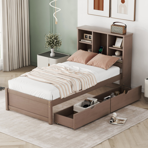 Modern Twin Size Bed Frame With Built-in USB Port on Bookcase Headboard and 2 Drawers for White Washed Color、、xpatfood