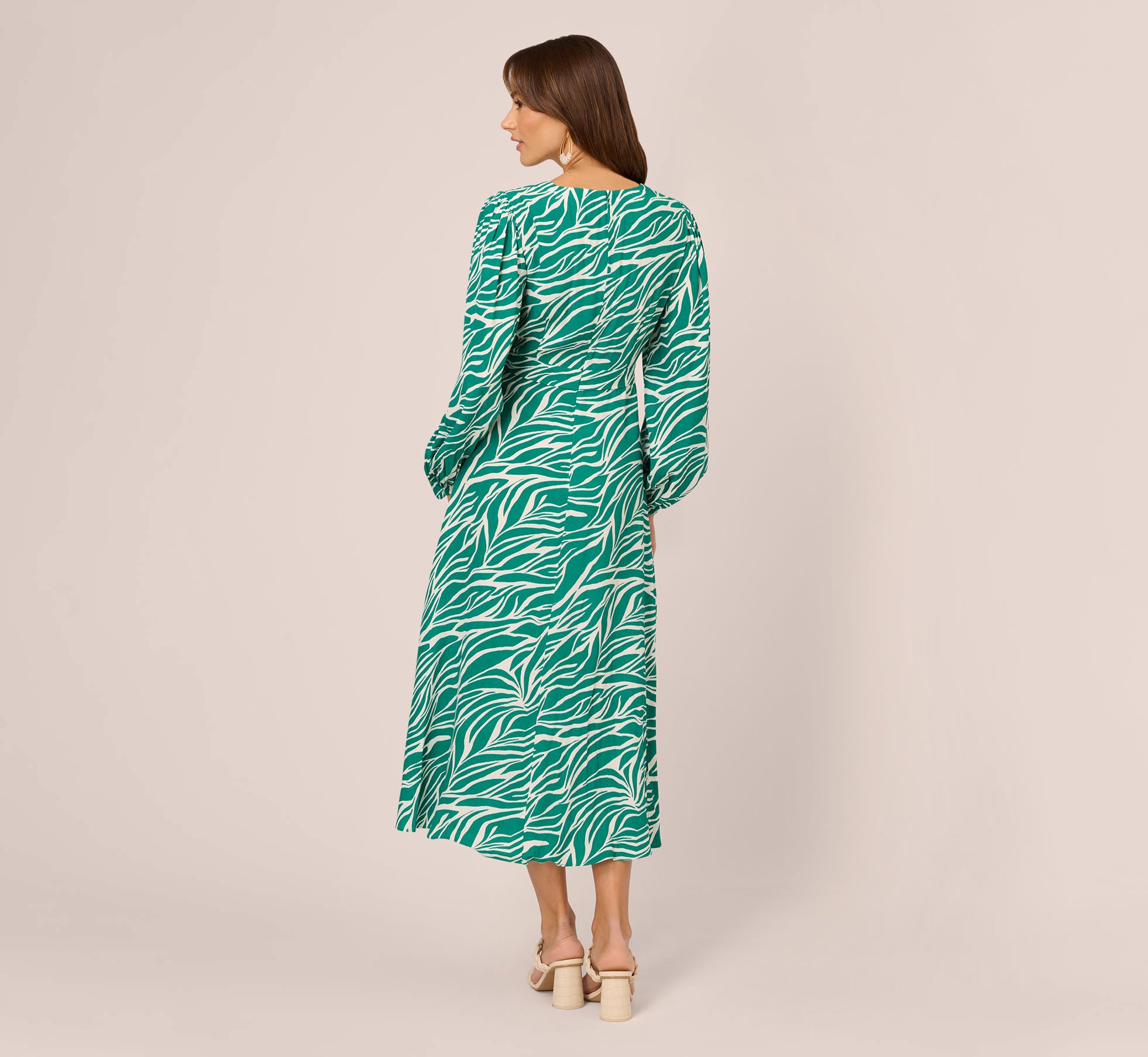 Printed Faux Wrap Dress With Bishop Long Sleeves In Green Ivory、mySite、solidvoid
