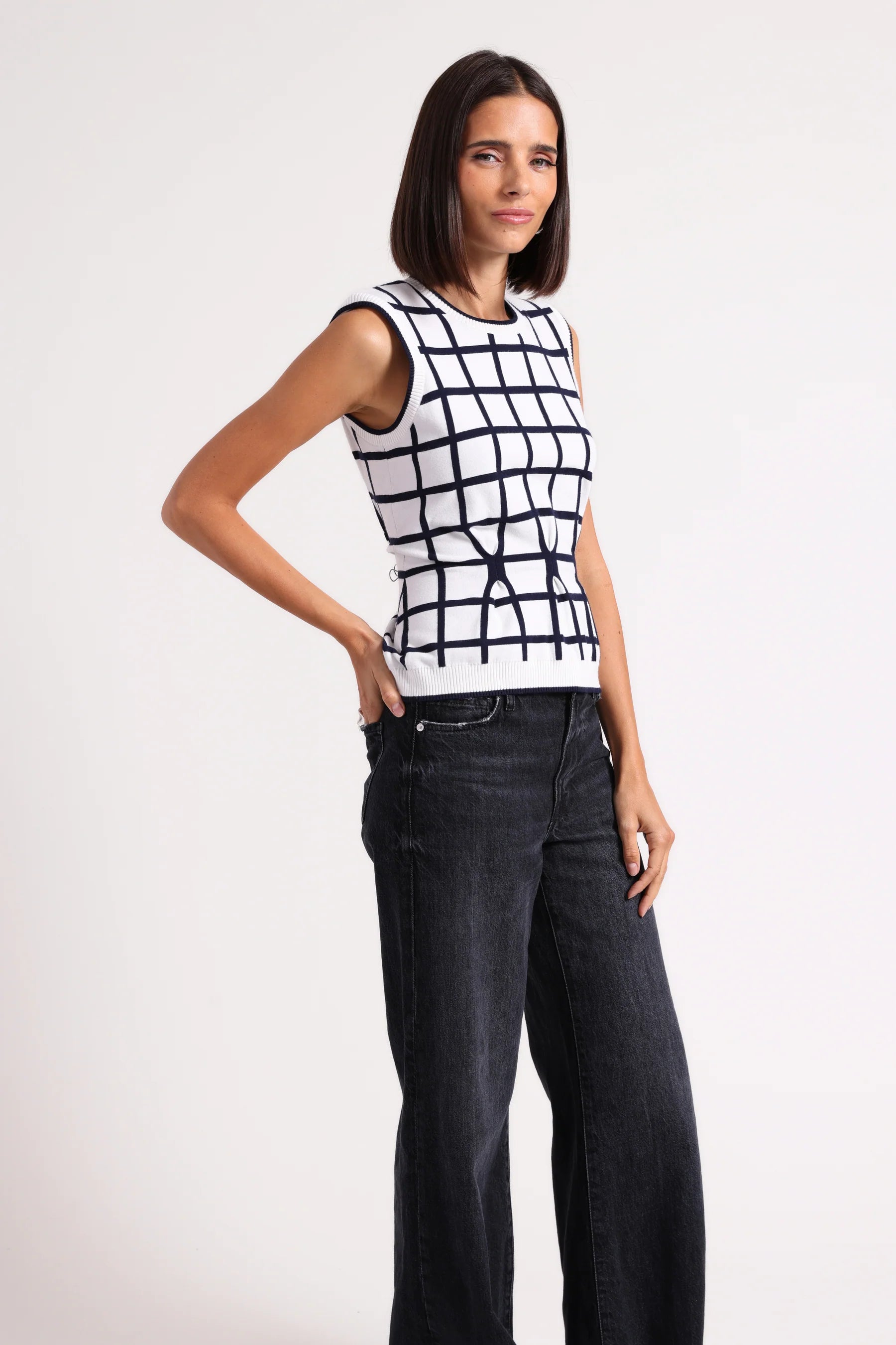 Minnie Rose Windowpane Pleated Sleeveless Top - Final Sale、mySite、noshort