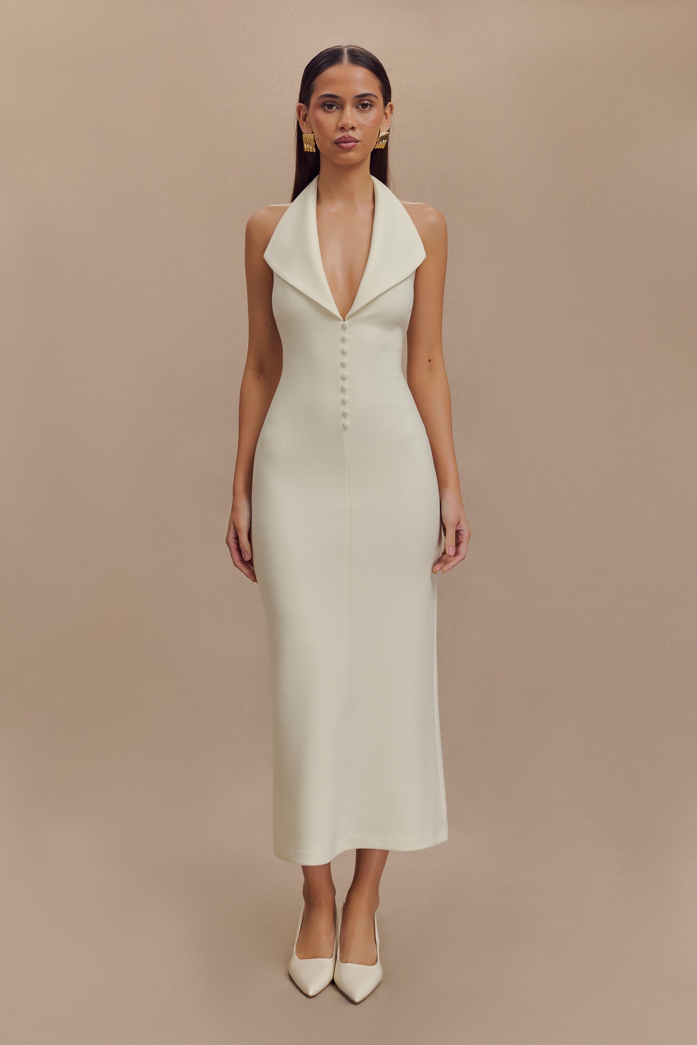 Annita Crepe Halter Midi Dress - Ivory、mySite、solidvoid