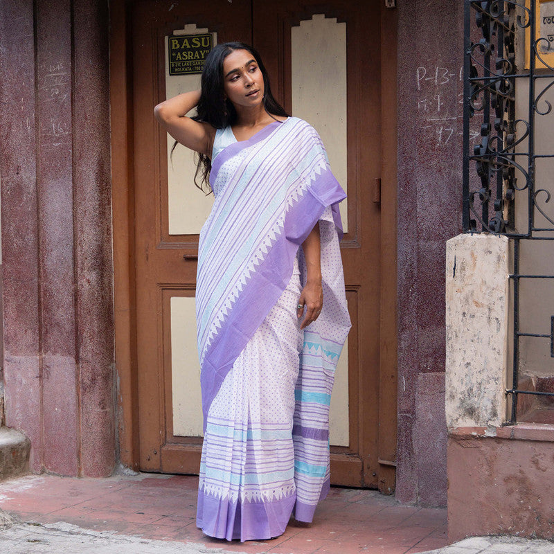 Cotton Saree | Hand Block Print | White & Purple、mySite、camillekostekn