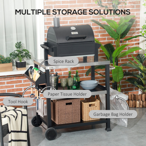 Outsunny Three-Shelf Outdoor Grill Cart with Stainless Steel Tabletop, Side Handle, 32" x 20.5" Multifunctional Pizza Oven Stand, Movable Food Prep Table on Wheels, Black、、eastwooduniform