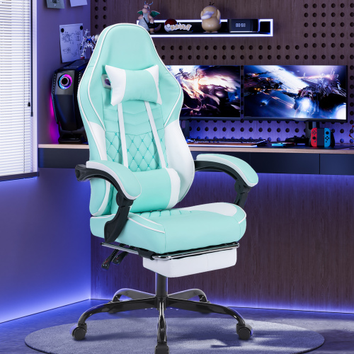Ergonomic Video Gamer Chairs,Computer Gaming Chairs with Massage Lumbar Support and footrest,Racing Style Computer Chair Adjustable Headrest for Adults,GREEN、、casual
