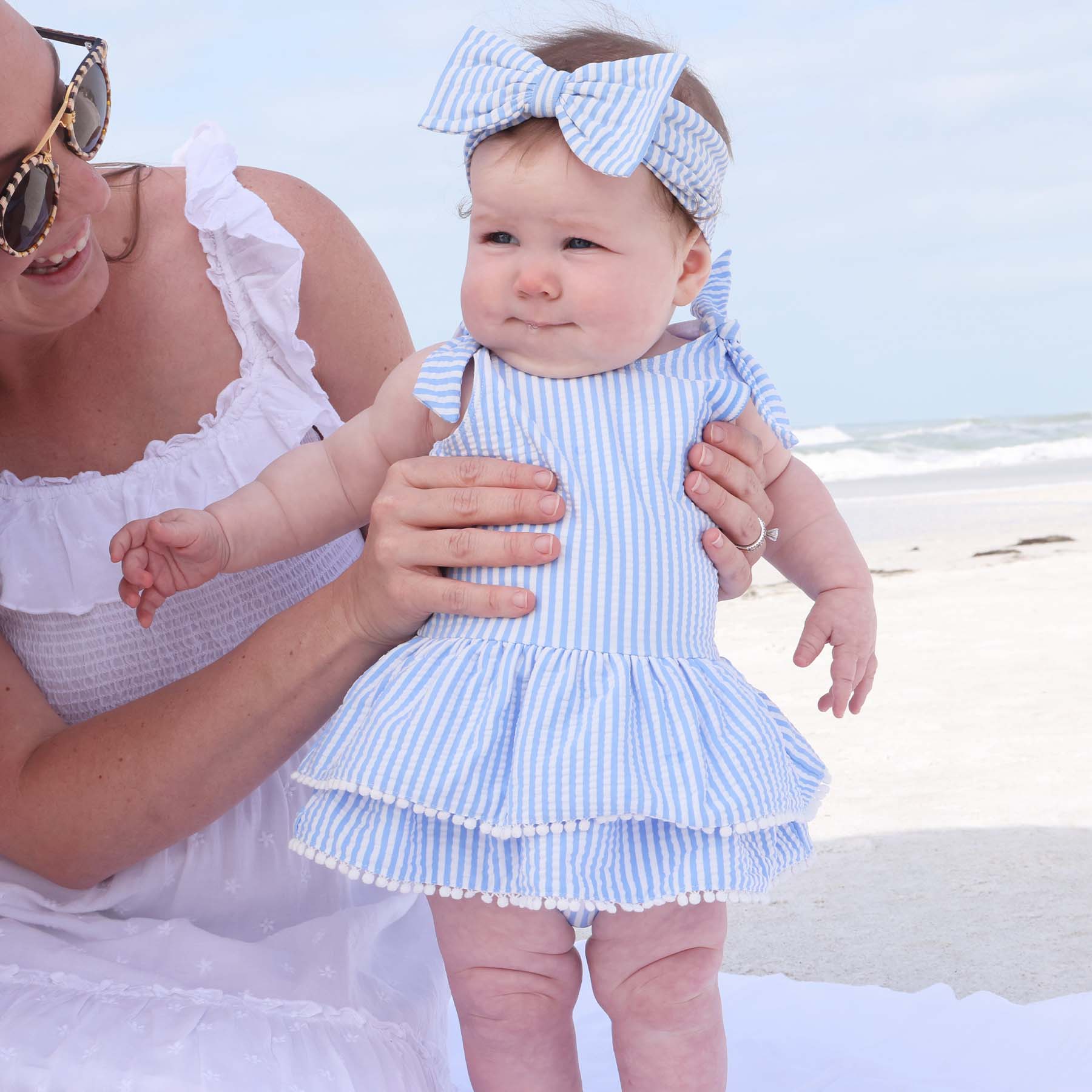  Tiered Skirt with White Pom Trim | Seersucker Blue、mySite、layawaytickets