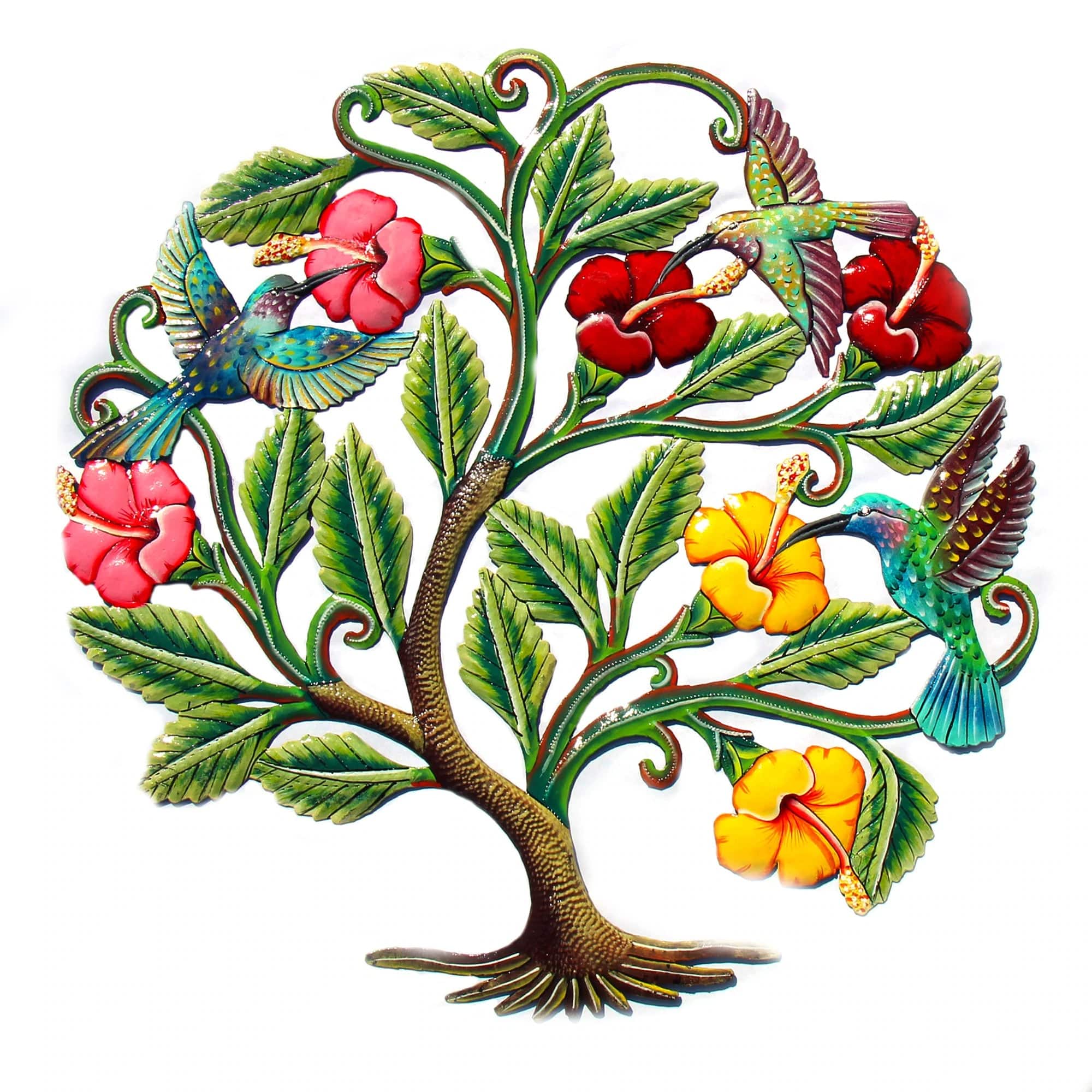 HUMMINGBIRDS AND HIBISCUS FLOWERS PAINTED HAITIAN METAL DRUM WALL ART, 24、mySite、g9winljtr
