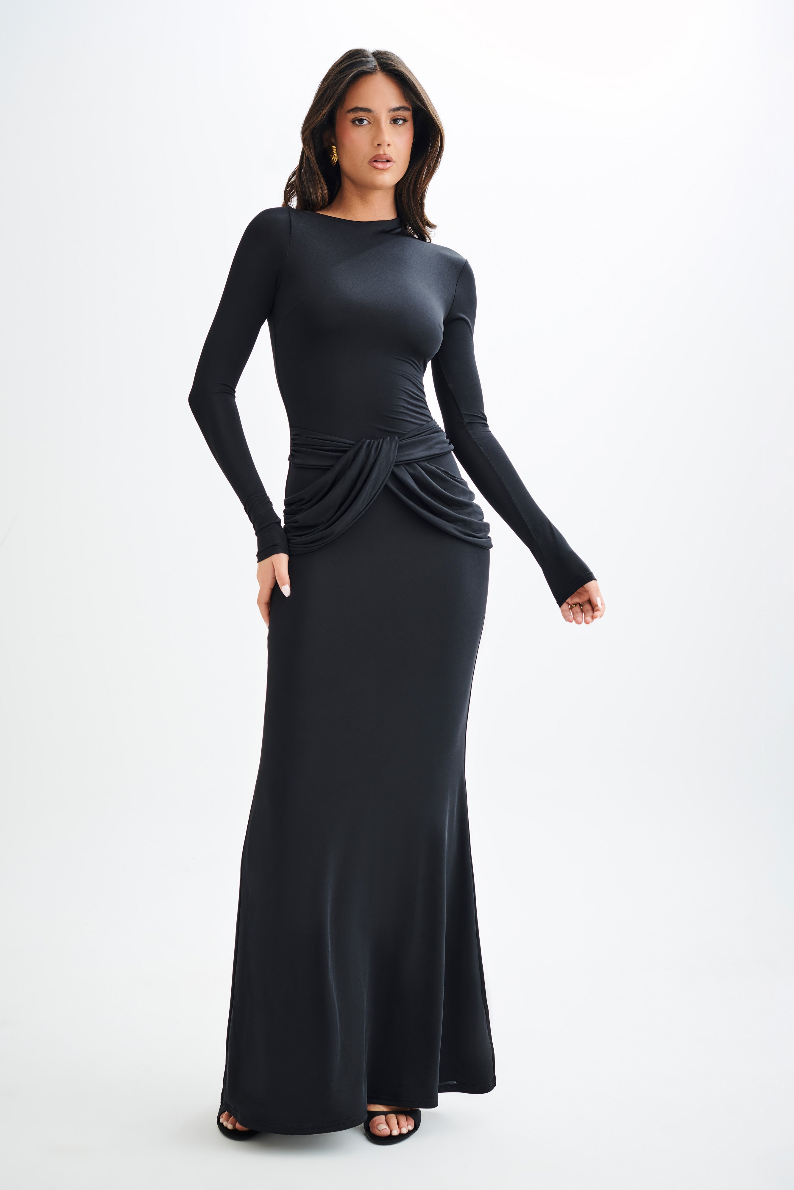 Halcyon Long Sleeve Slinky Maxi Dress - Black、mySite、solidvoid