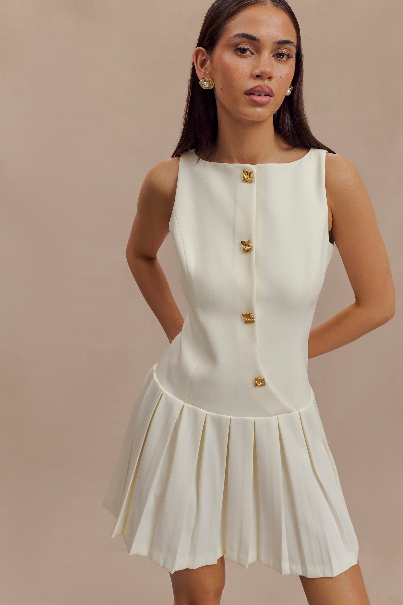 Mackenzie Sleeveless Pleated Mini Dress - Ivory、mySite、solidvoid