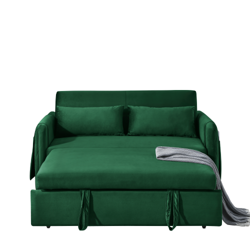 55" Modern Convertible Sofa Bed with 2 Detachable Arm Pockets, Velvet Loveseat Sofa with Pull Out Bed, 2 Pillows and Living Room Adjustable Backrest, Grid Design Armrests、、casual