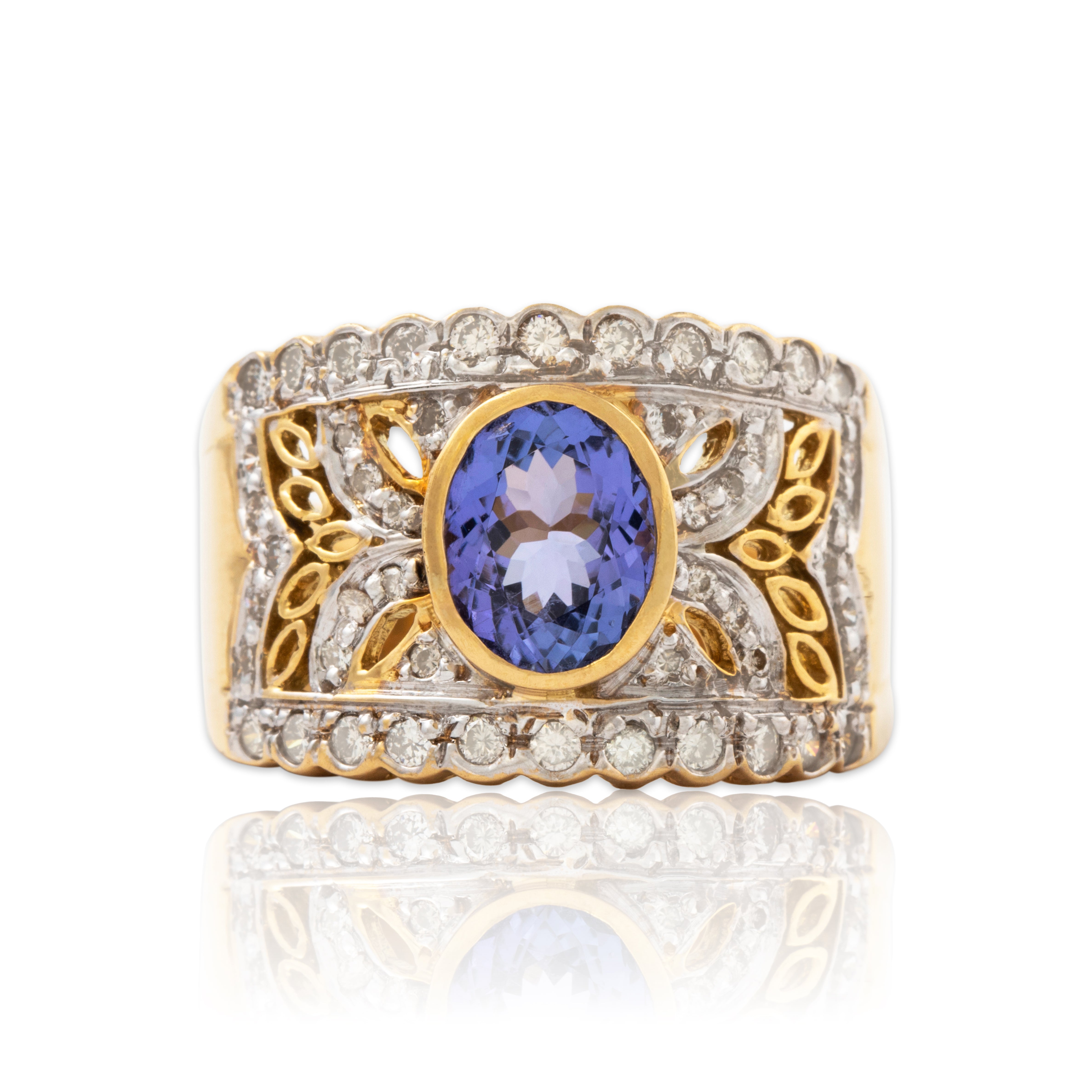 Vintage Wide 18k Yellow Gold 1.2ct Tanzanite .372cttw Diamond Ring 7.25、mySite、hinf8tx79