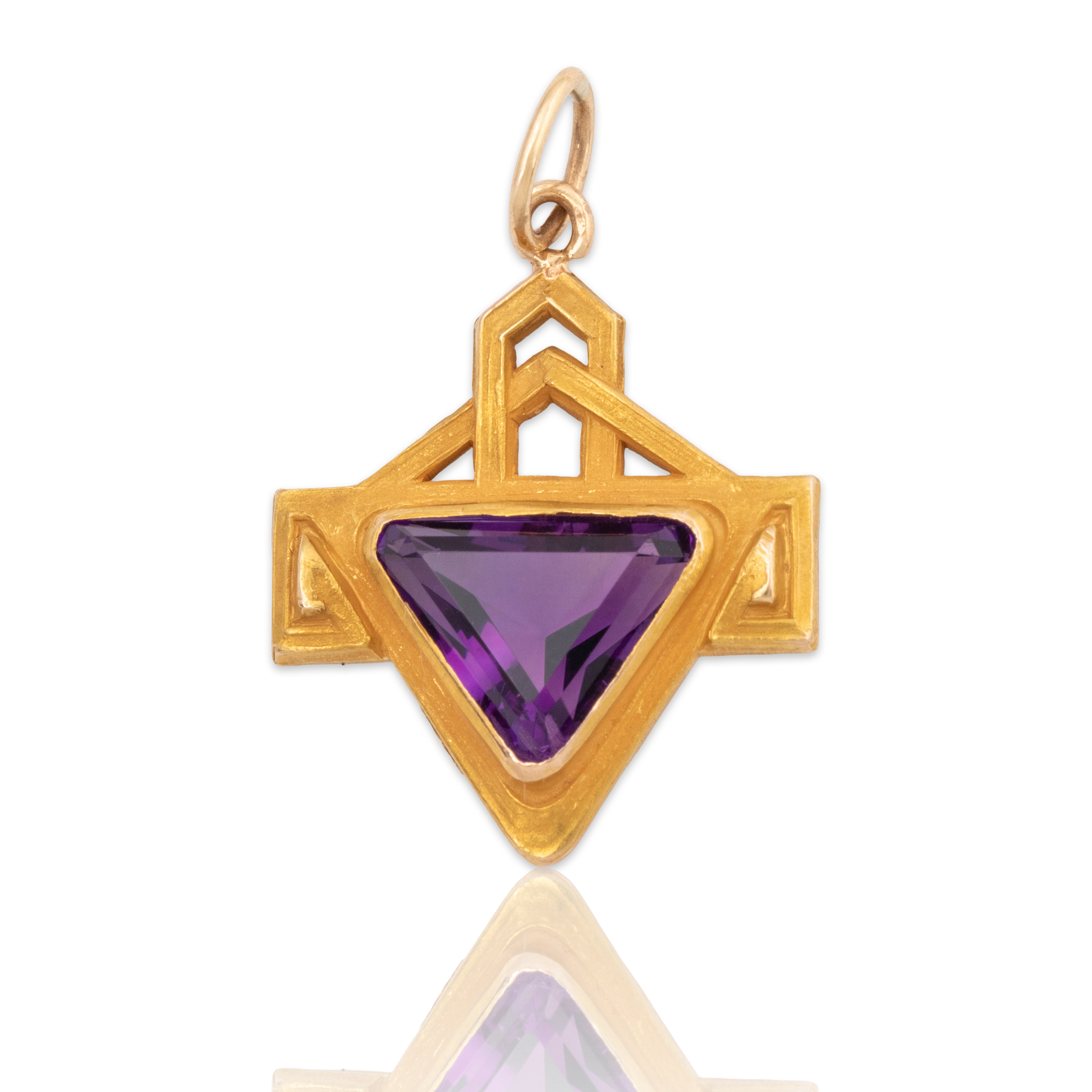 Antique Art Deco 14k Yellow Gold Trilliant Cut Amethyst Satin Finish Pendant、mySite、hinf8tx79