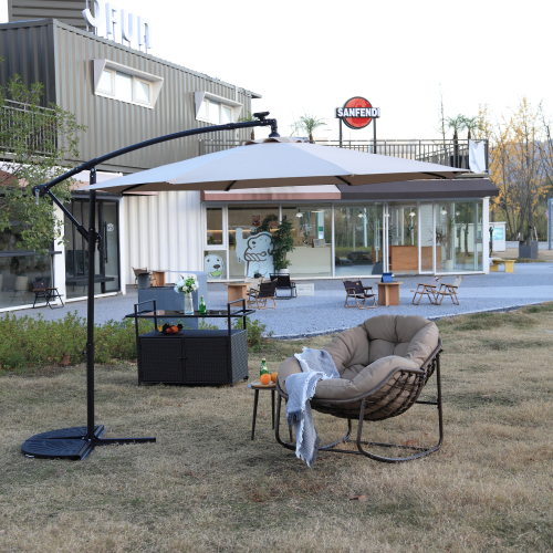 10ft Solar LED Offset Hanging Market Patio Umbrella ( khaki )(No Base)、、eastwooduniform