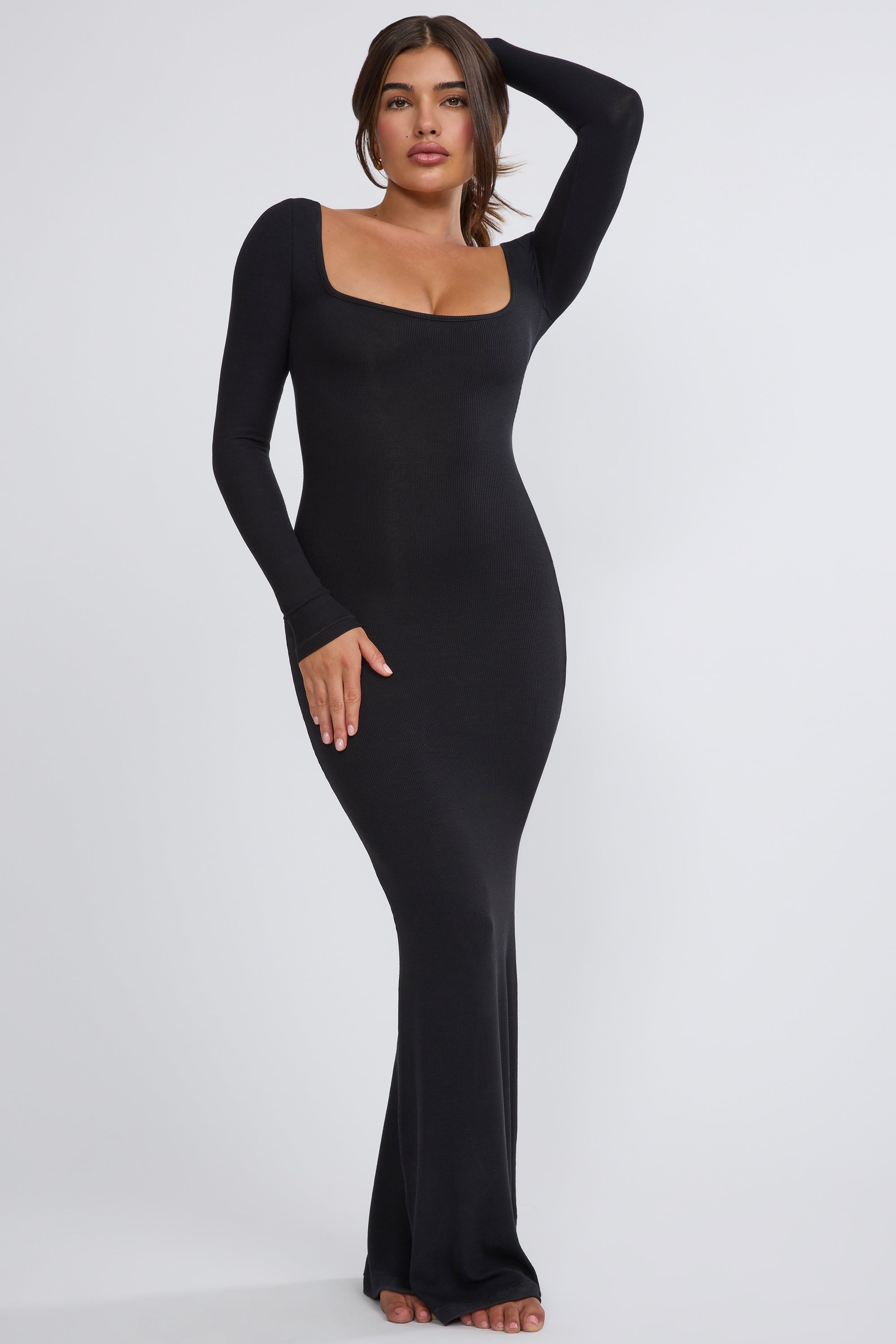 Ribbed Modal Long Sleeve Maxi Dress in Black、mySite、solidvoid