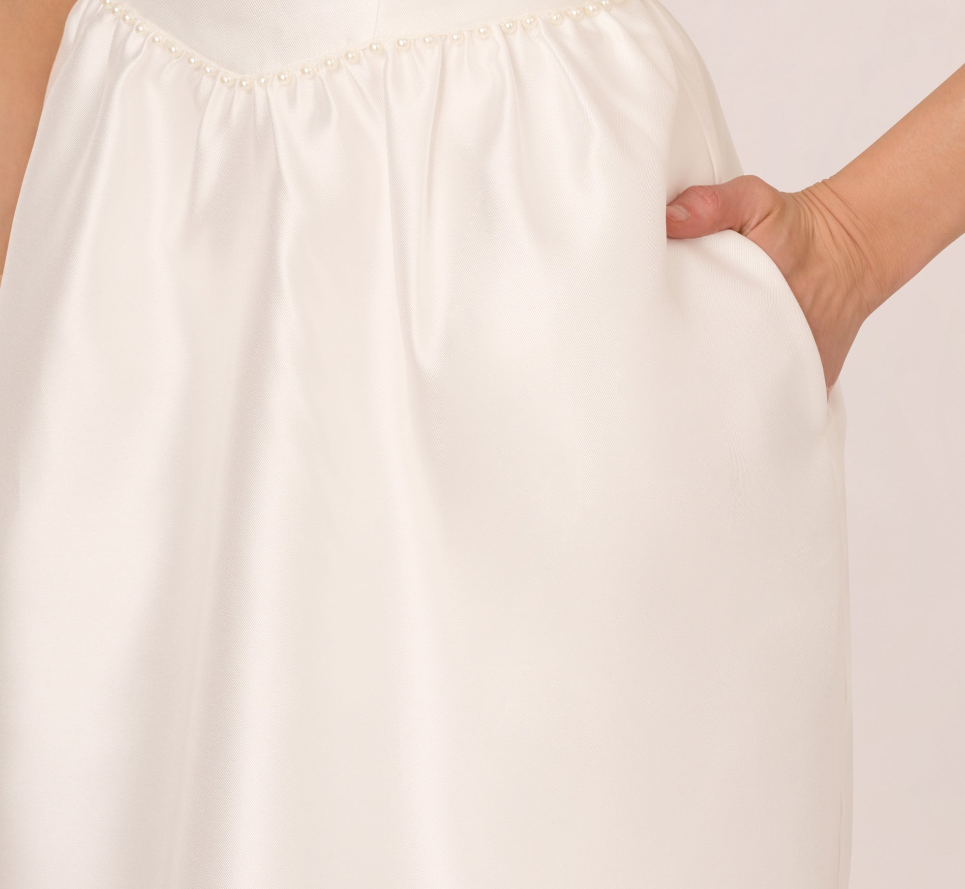 Sleeveless Mikado Fit And Flare Dress With Pearl Beaded Trim In Ivory、mySite、solidvoid