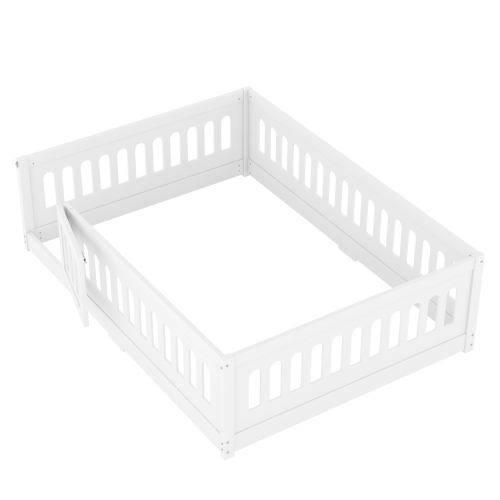 Twin Size Floor Bed with Heightened Safety Guardrails and Door, Solid Wood Bedframe with Rails for Girls, Boys, Teens, Child Bedroom, Kids Playroom, No Slats Included, White、、casual