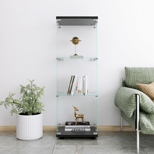 Glass Display Cabinet with 3 Shelves, One-Door Curio Cabinets for Living Room, Bedroom, Office, Black Floor Standing Glass Bookshelf, Quick Installation、、casual