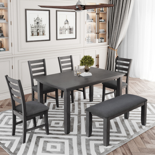 TREXM Dining Room Table and Chairs with Bench, Rustic Wood Dining Set, Set of 6 (Gray)、、casual