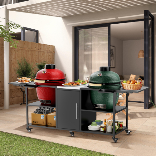 Outdoor Grill Table for Big Green Egg Style BBQ, Metal Grill Cart with 2 Folding Panels, Compatible with up to Large Green Egg, Kamado Joe Jr、、eastwooduniform